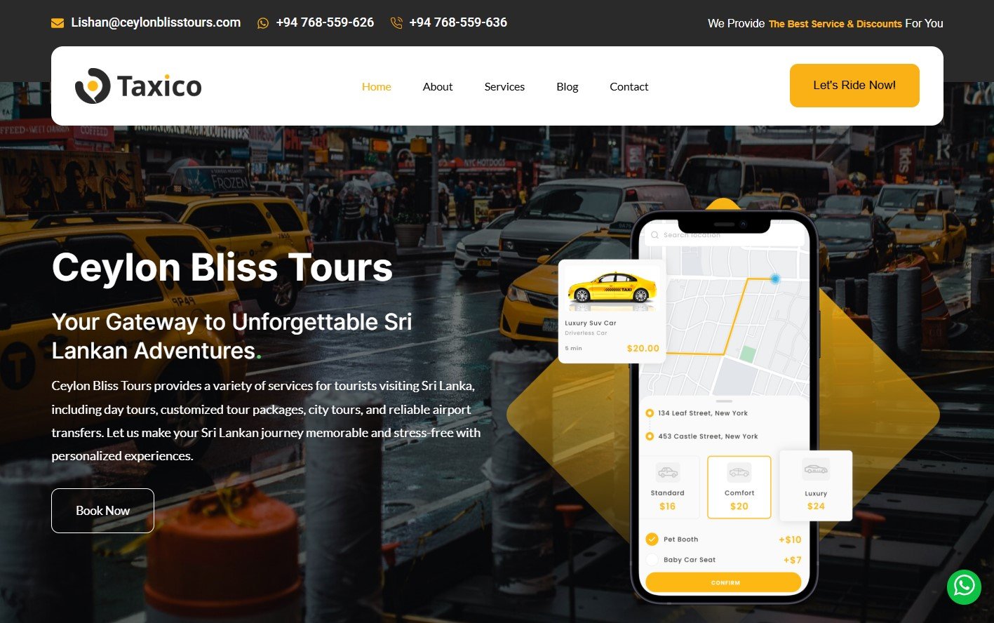 Ceylon Bliss Tours website homepage with taxi booking app interface
