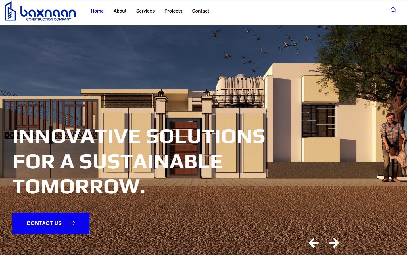 Baxnaan Construction Company logo and slogan "Innovative Solutions for a Sustainable Tomorrow" on building facade.