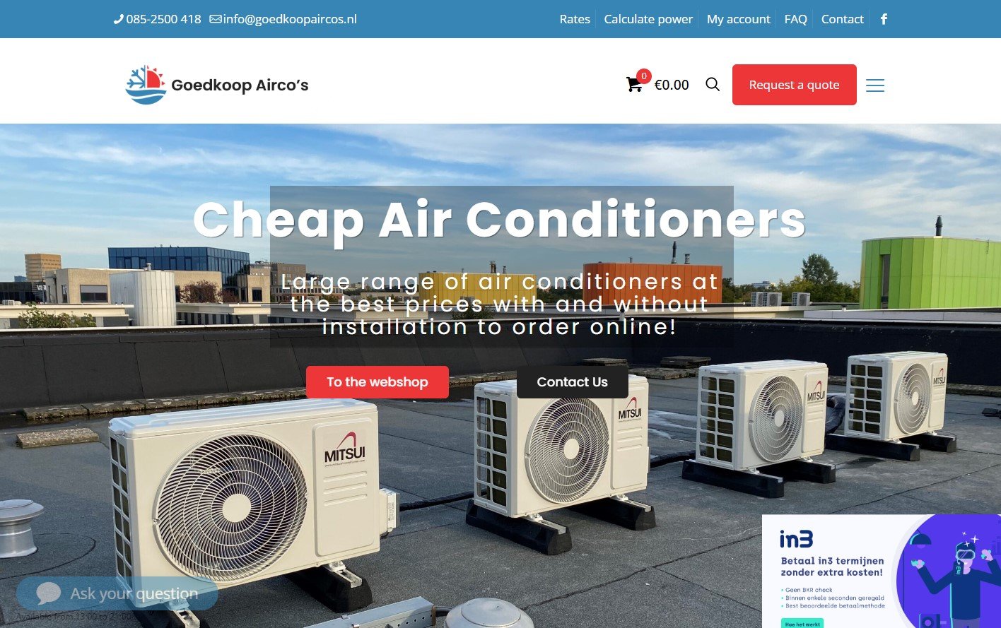 Goedkoop Airco's website homepage with air conditioners on a rooftop