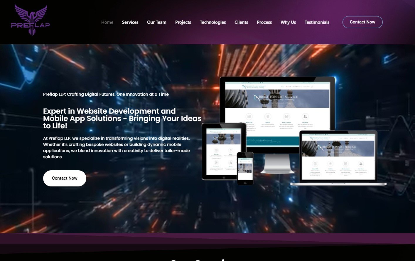 Preflap LLP website design and mobile app development services displayed on multiple devices.