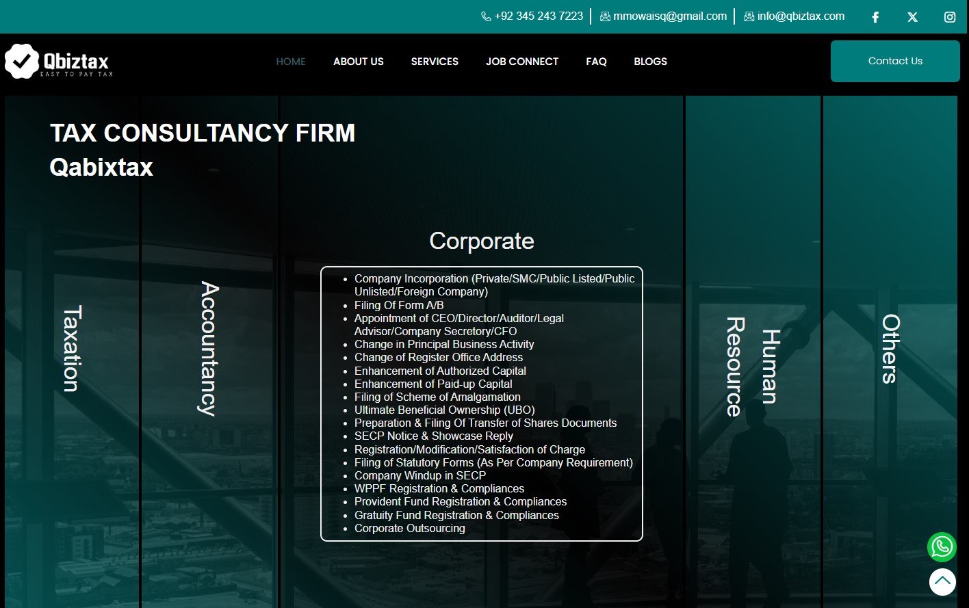 Qbiztax website homepage: Tax Consultancy Firm, Corporate, Accounting, Human Resource, Others services
