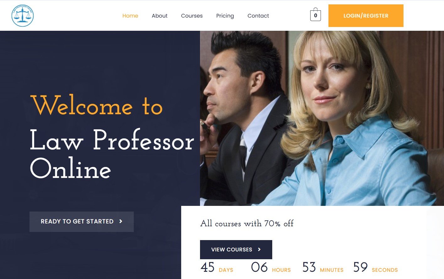 Law Professor Online landing page with a diverse couple and course promotion