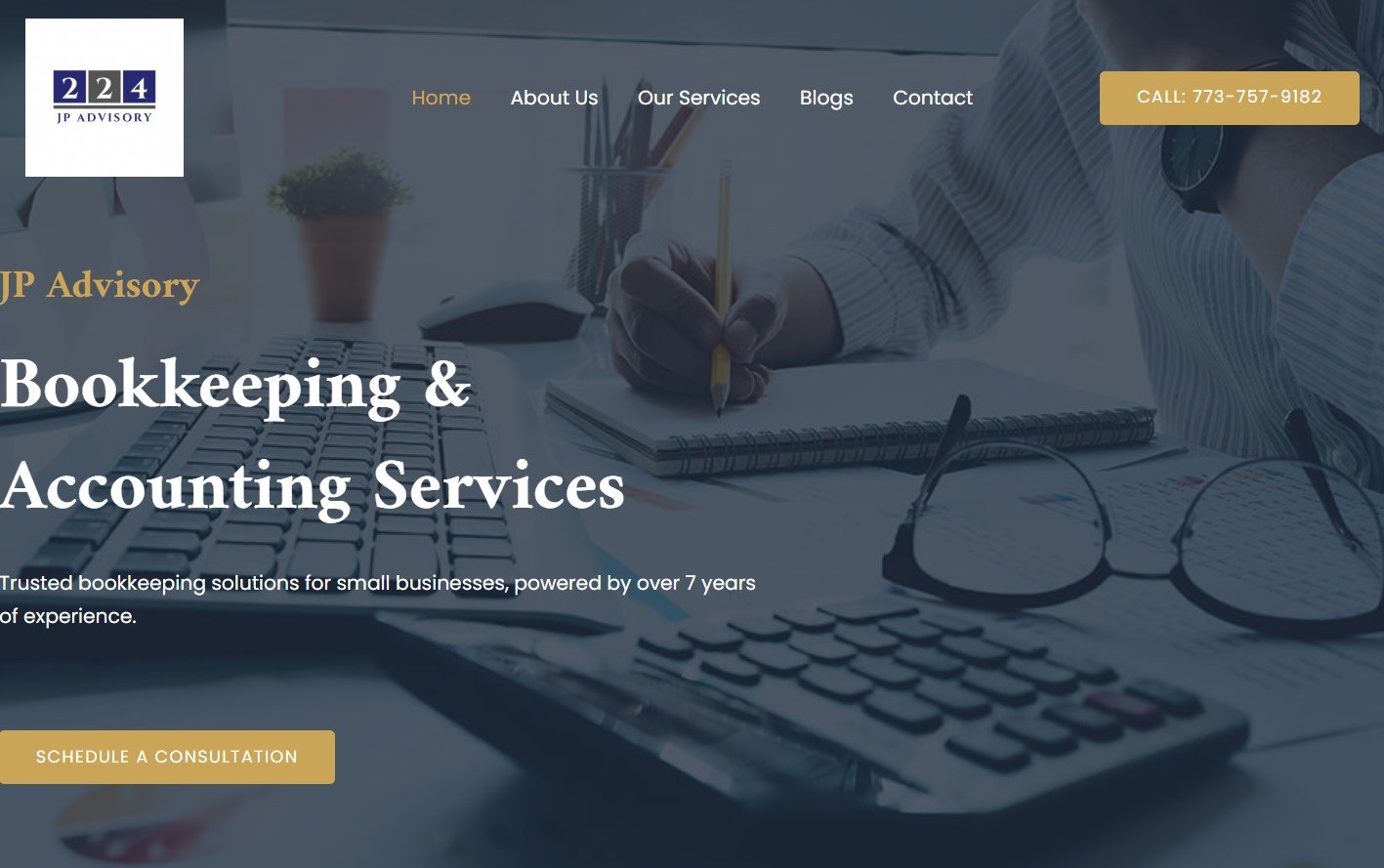 JP Advisory bookkeeping and accounting services with calculator and glasses