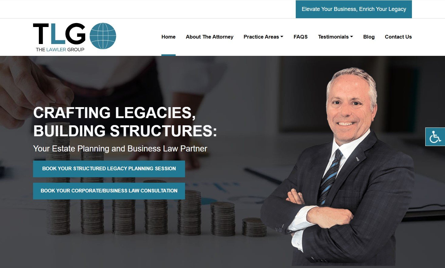The Lawler Group logo and a smiling attorney in a suit, with text "Crafting Legacies, Building Structures.
