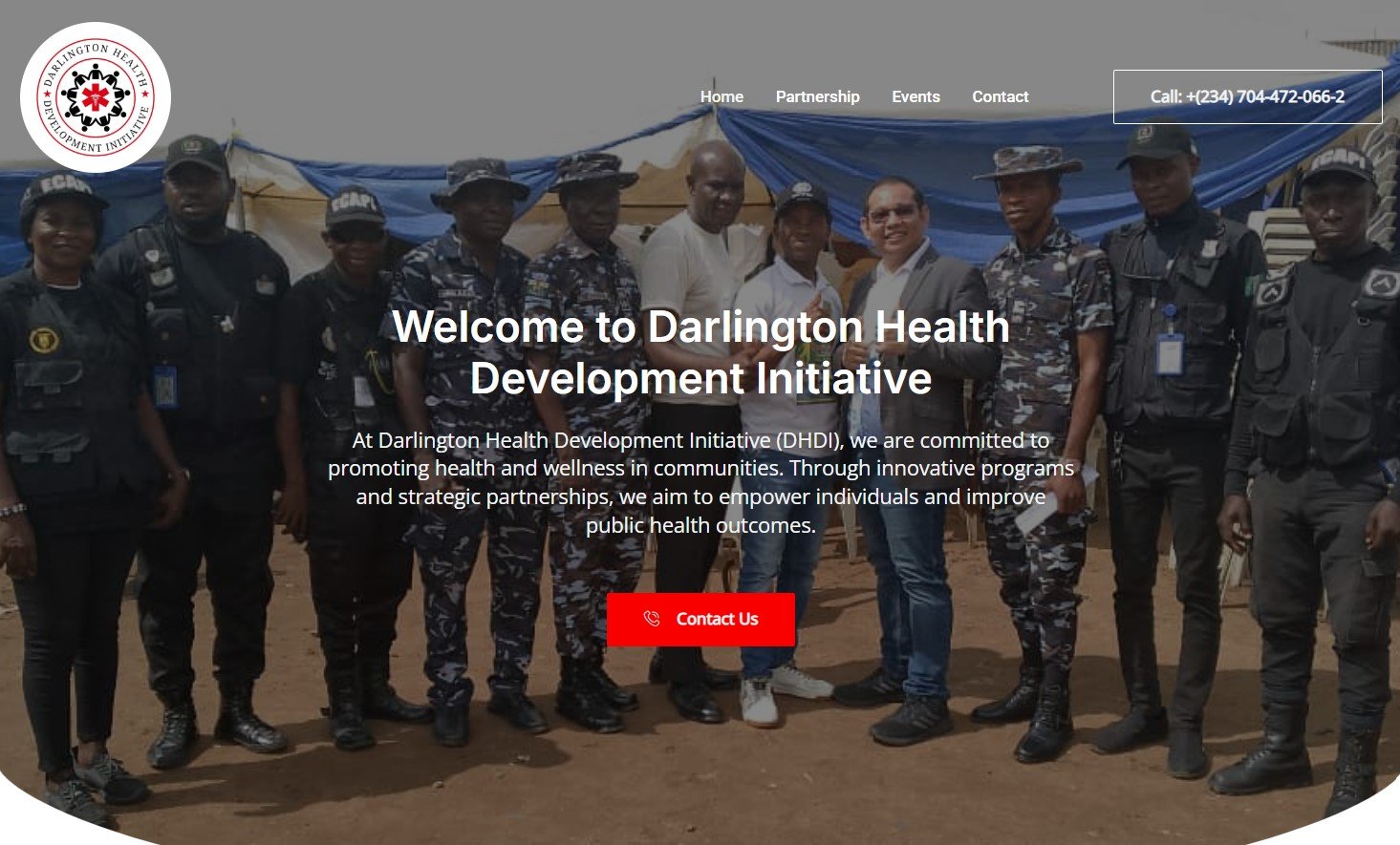 Darlington Health Development Initiative logo and group photo of staff.
