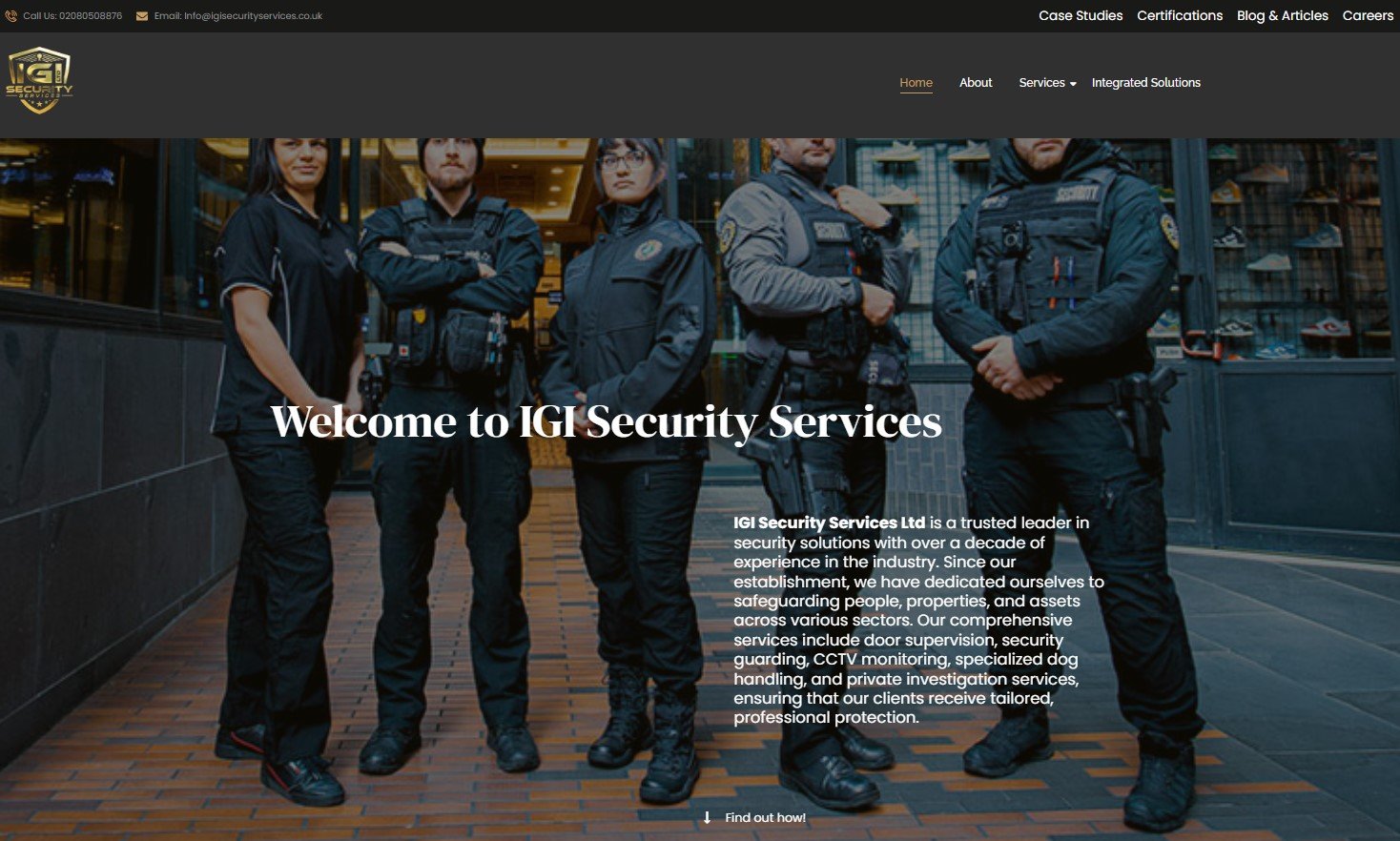 IGI Security Services team in uniform: door supervision, security guards, dog handling.