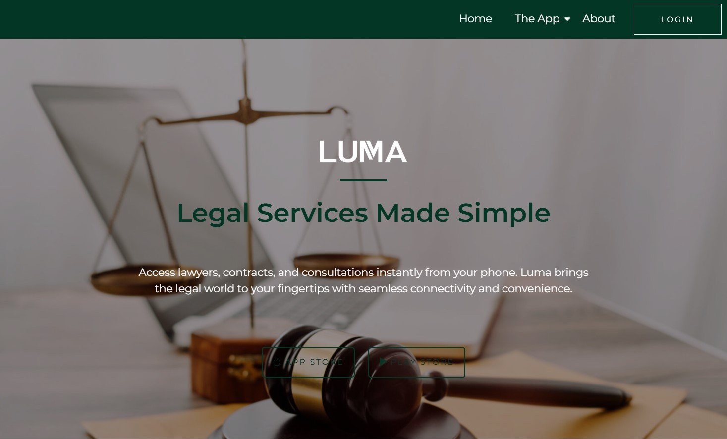 Luma app homepage: Legal Services Made Simple, with scales of justice and gavel.