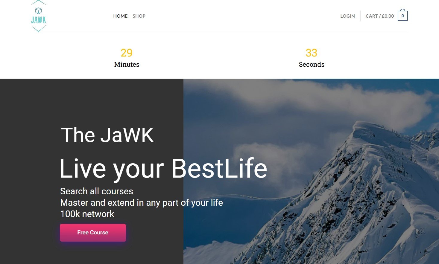 The JaWK logo and website homepage with a countdown timer and mountain background.
