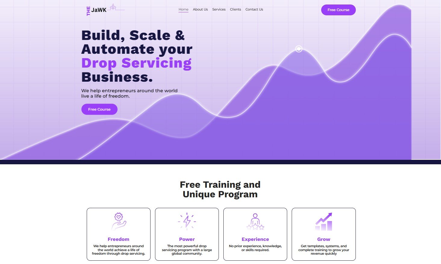 The JaWK website hero section with text "Build, Scale & Automate your Drop Servicing Business.