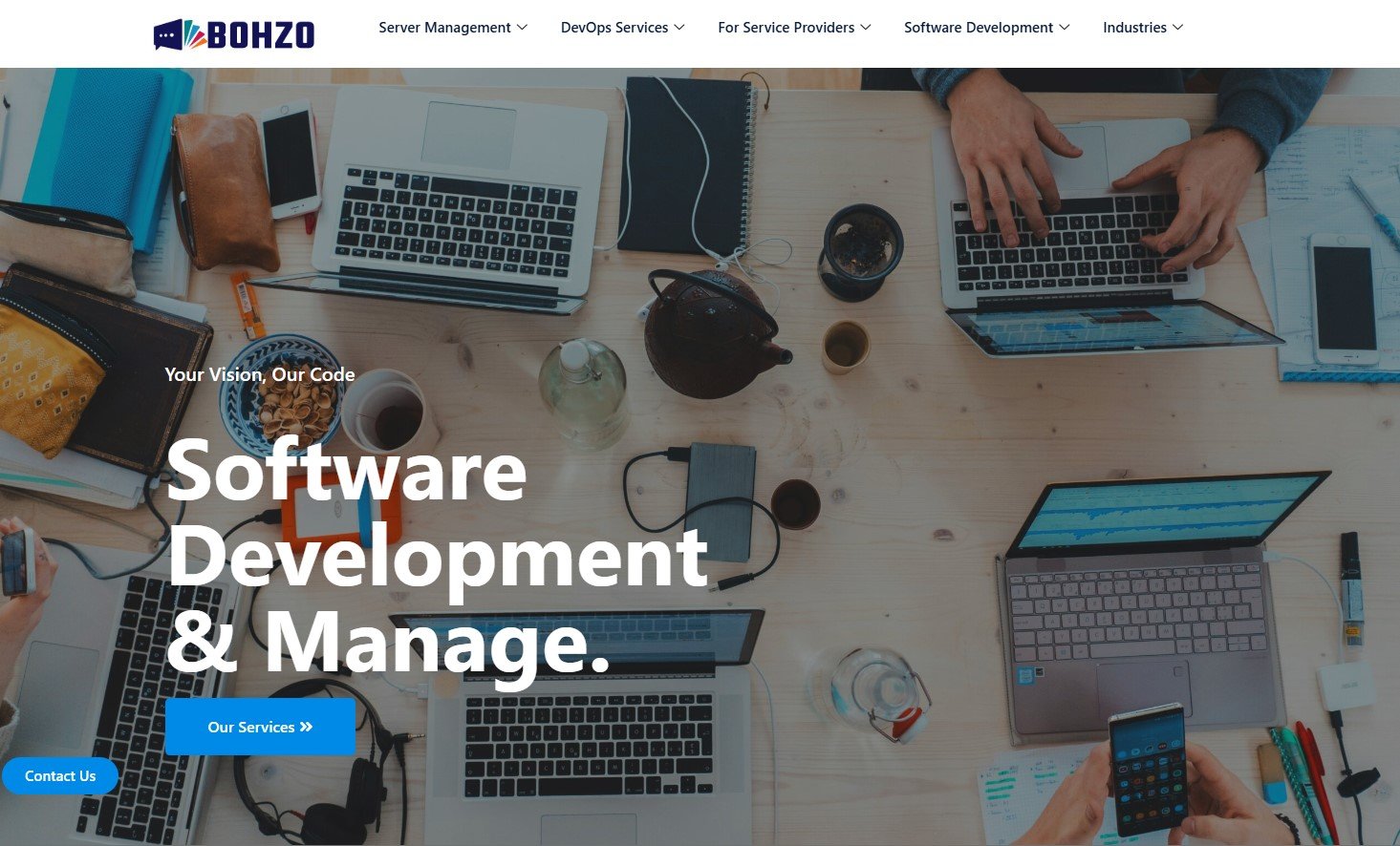 Bohzo homepage with laptops and hands typing, offering software development services.