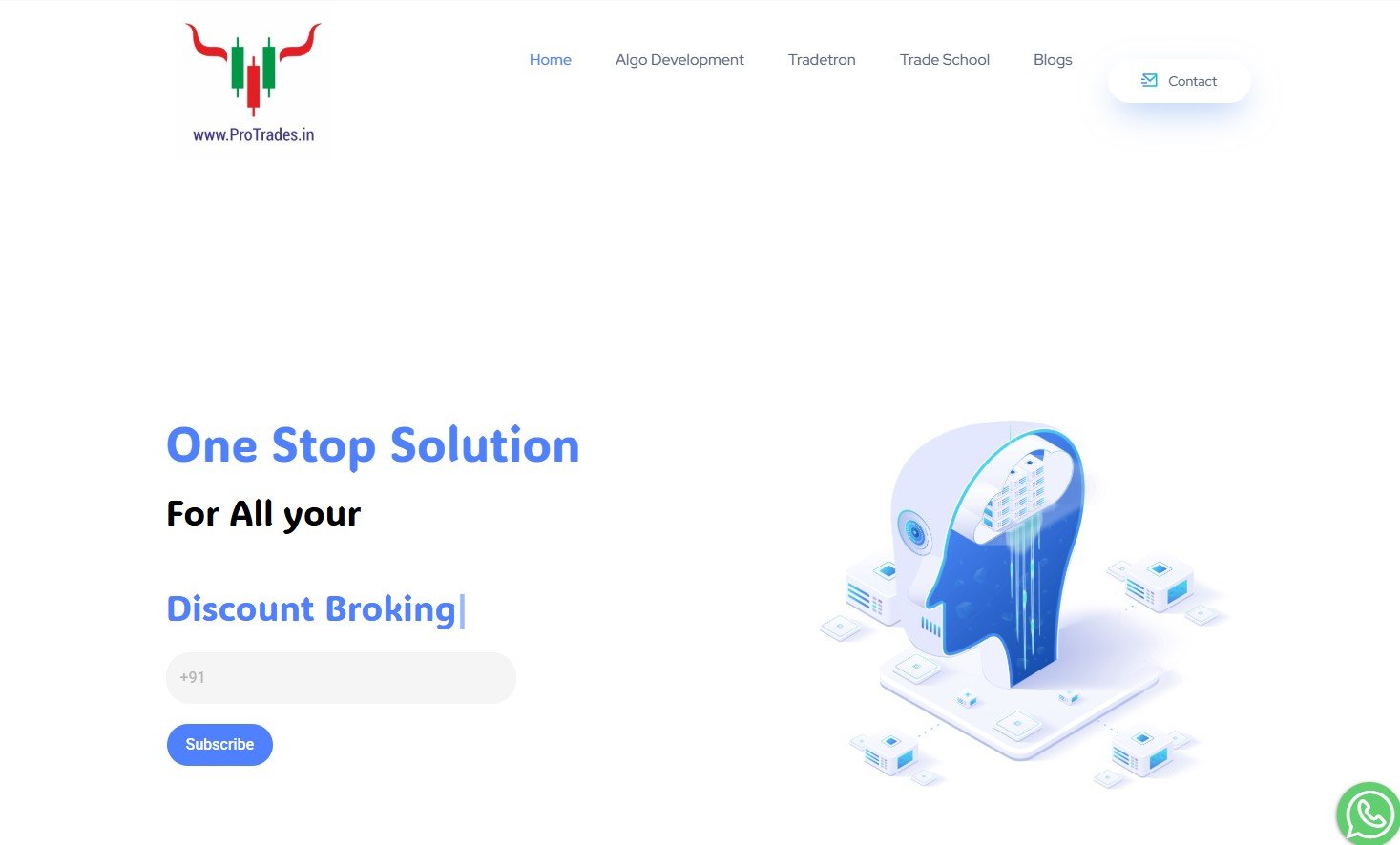 ProTrades website: One Stop Solution for Discount Broking with AI head graphic.
