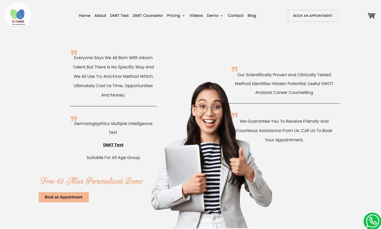 Genetix.in woman with laptop and thumb up, offering DMIT test and career counselling