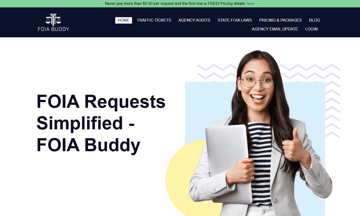 Woman smiling and giving a thumbs up with a laptop, representing FOIA Requests Simplified by FOIA Buddy.